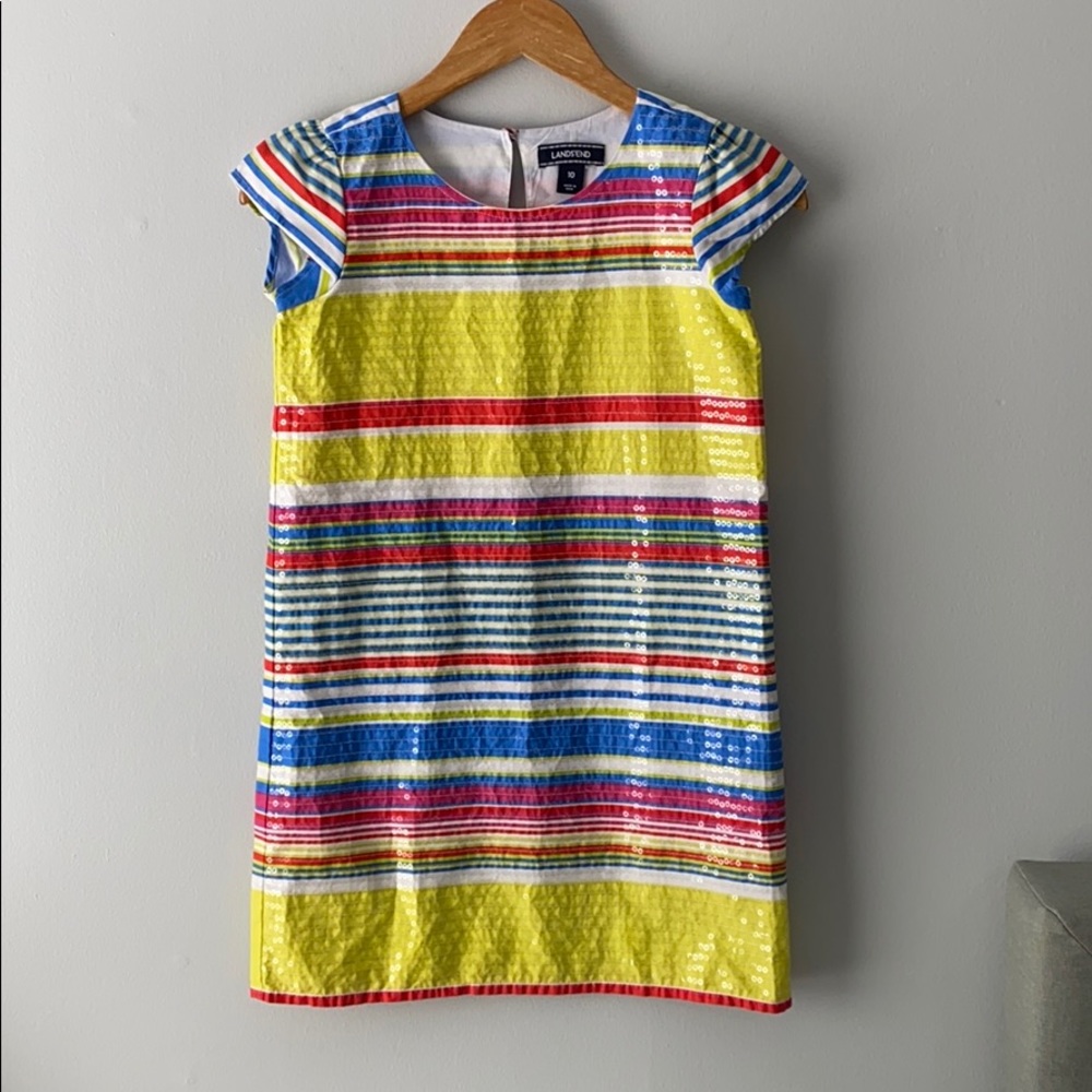 Lands' End Girls' Bright Multi-Stripe Sequin Dress - Yellow, Blue, Red, White